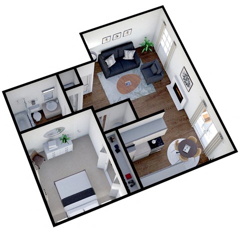 Floor plan for 1 bed, 1 bath, 700 sqft